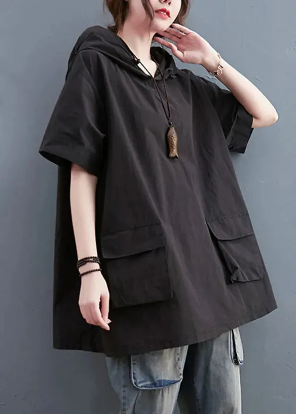 Black Loose Cotton Sweatshirt Streetwear Hooded Pockets Summer LY8675