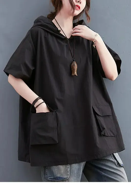 Black Loose Cotton Sweatshirt Streetwear Hooded Pockets Summer LY8675