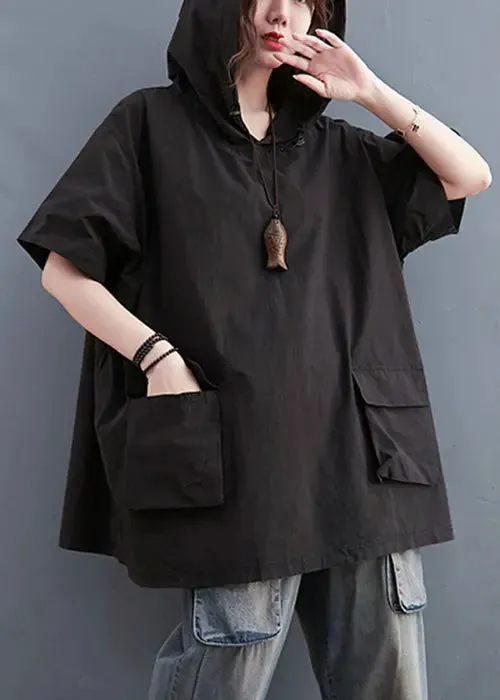 Black Loose Cotton Sweatshirt Streetwear Hooded Pockets Summer LY8675