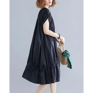 Black Loose Drawstring Ruffled Midi Dress