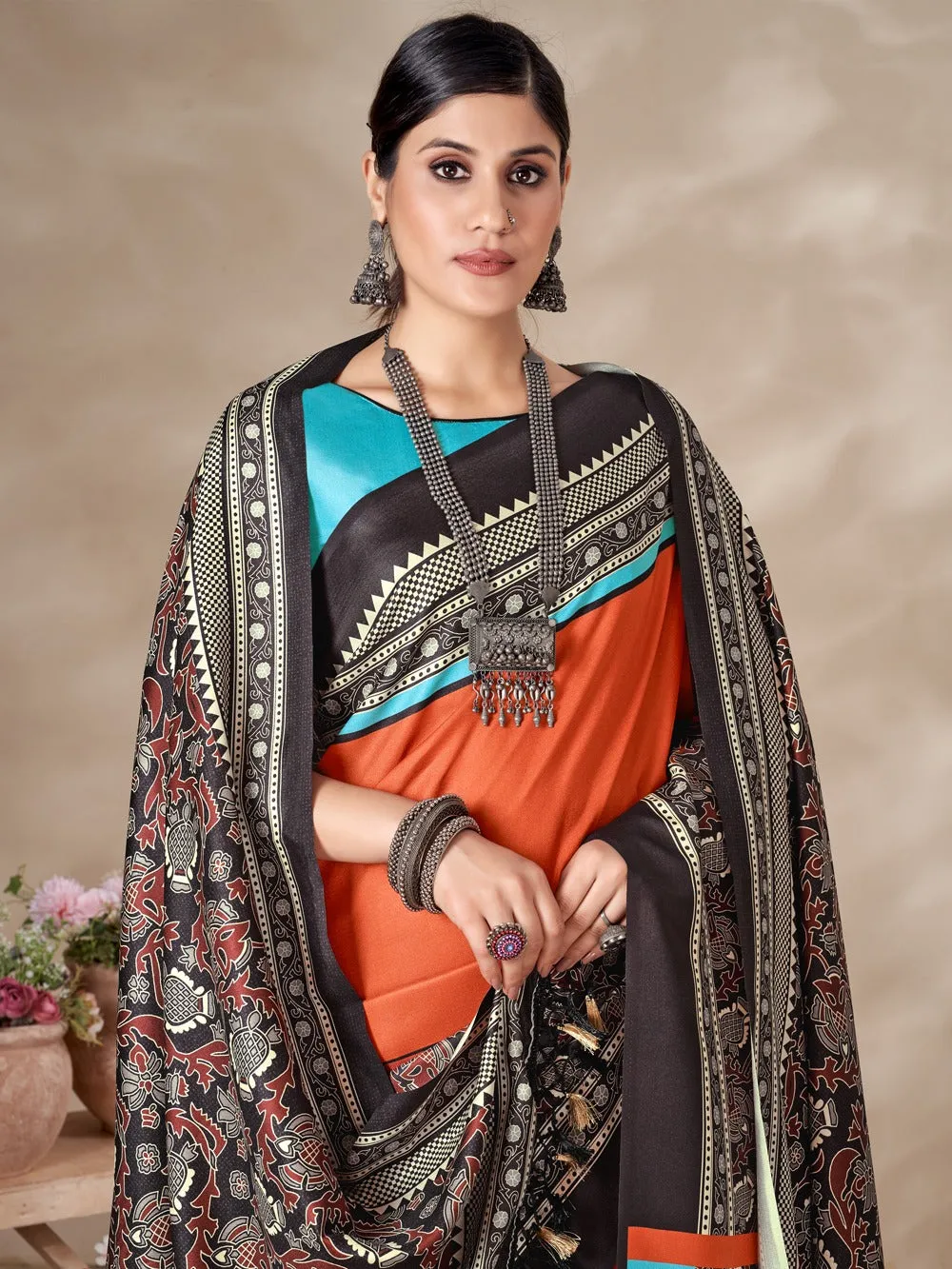 Black Orange Pashmina Saree with Shawl