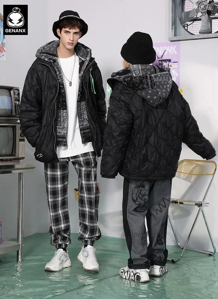 Black Paisley Jacquard Spliced Padded Coat