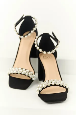 Black Pearl and Rhinestone Embellished Block Heels