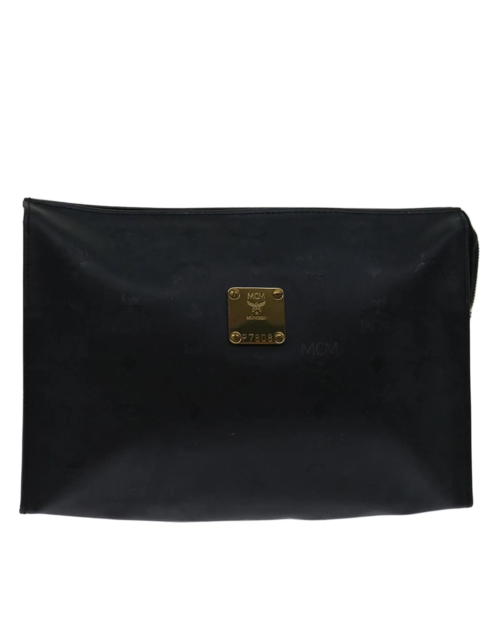 Black PVC Leather Clutch Bag with Logogram Design