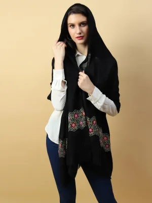 Black Shawl, Pure Pashmina Shawl hand embroidered with intricate floral artwork