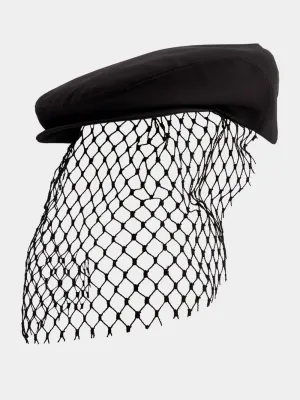 Black Silk Satin Flat Cap with Veil