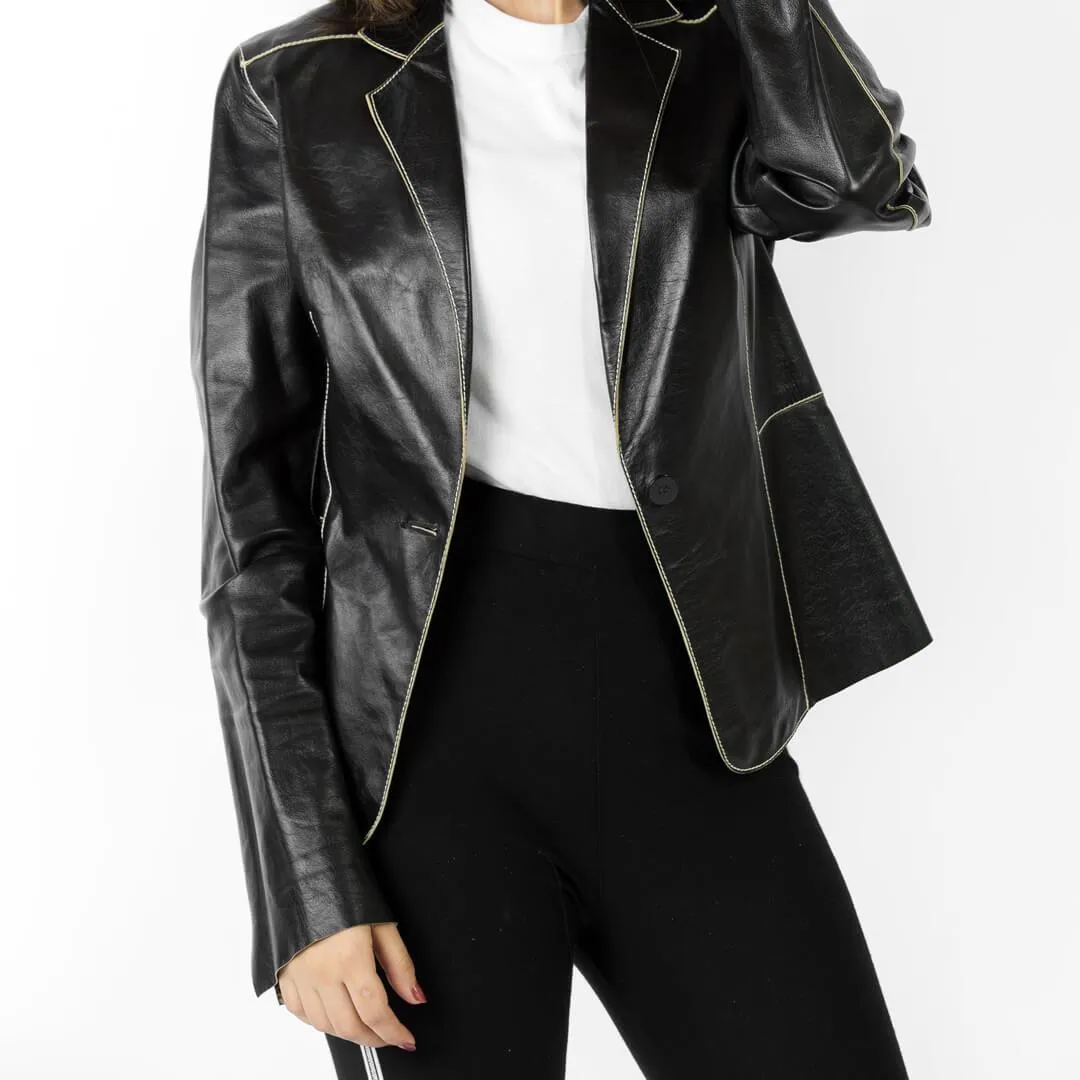 Black Single-Button Leather Blazer