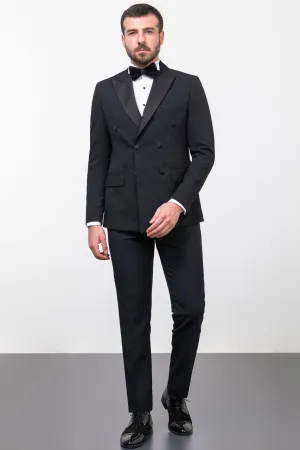 Black Slim Fit Double Breasted Patterned Tuxedo | GentWith