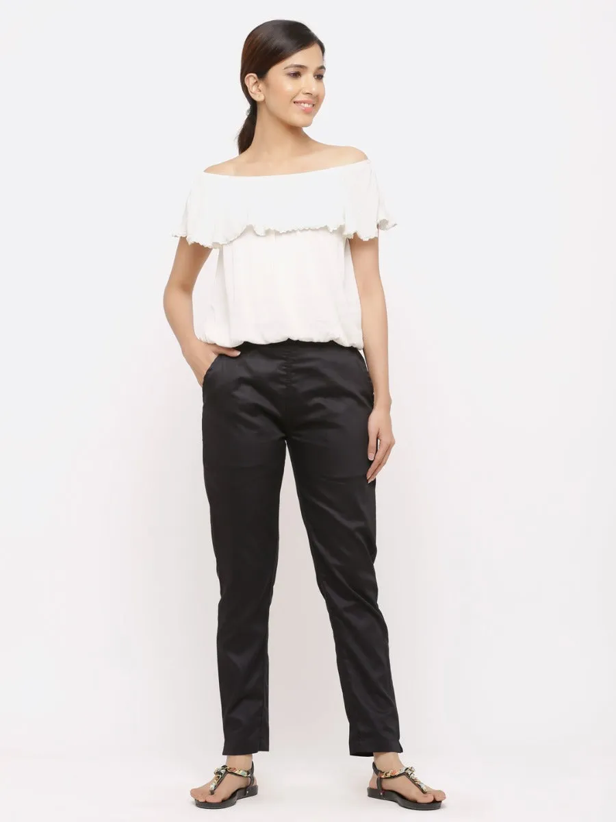 Black Solid Cotton Lycra Pants