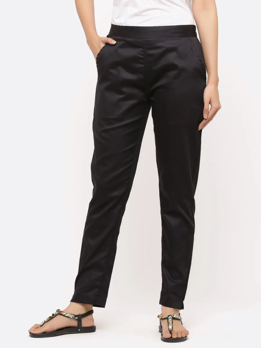 Black Solid Cotton Lycra Pants