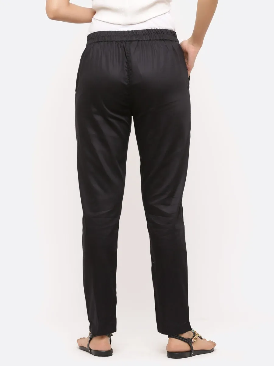 Black Solid Cotton Lycra Pants