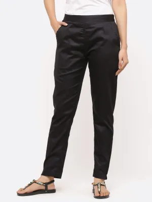 Black Solid Cotton Lycra Pants