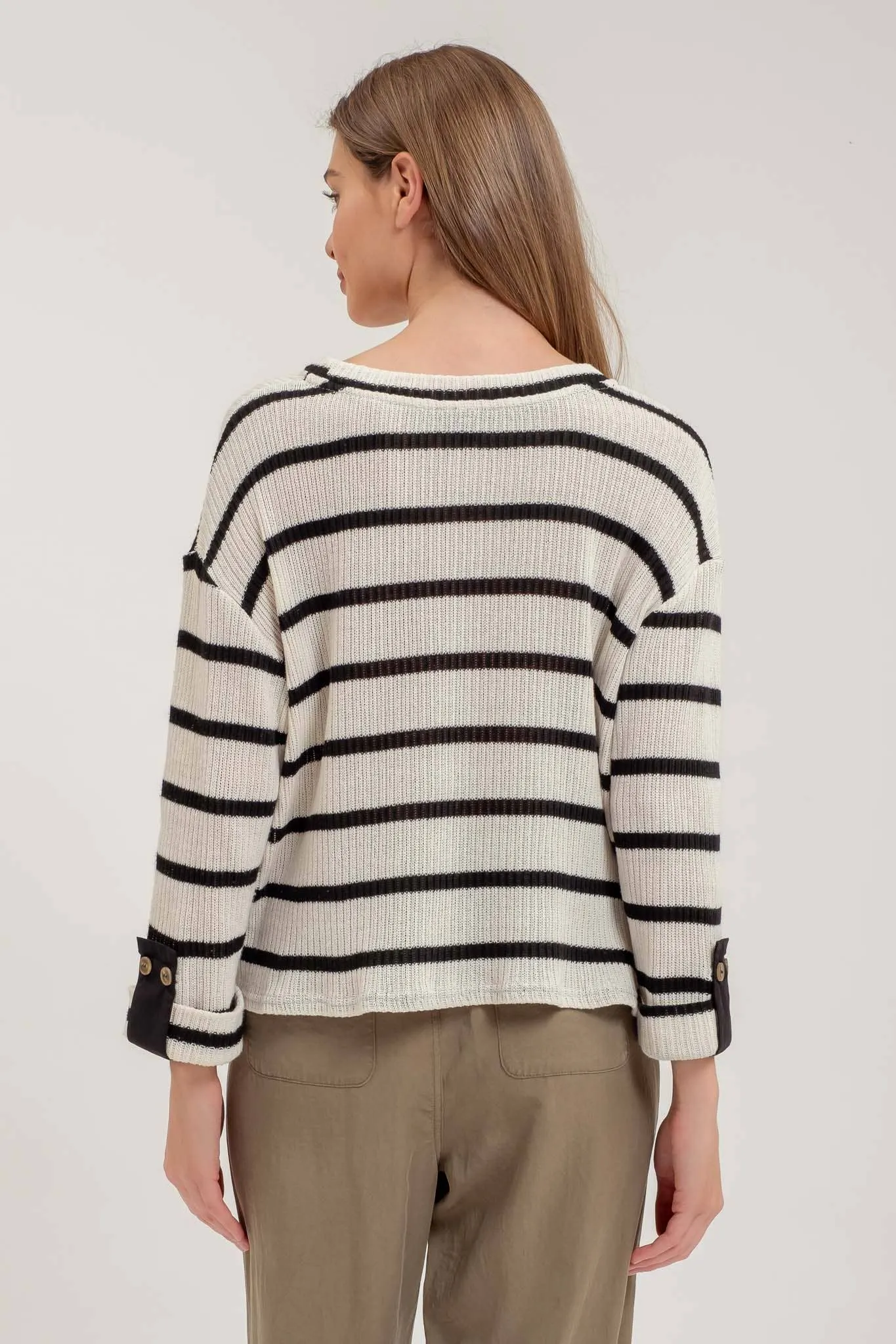Black Striped Relaxed 3/4 Cuffed Sleeve Knit Top