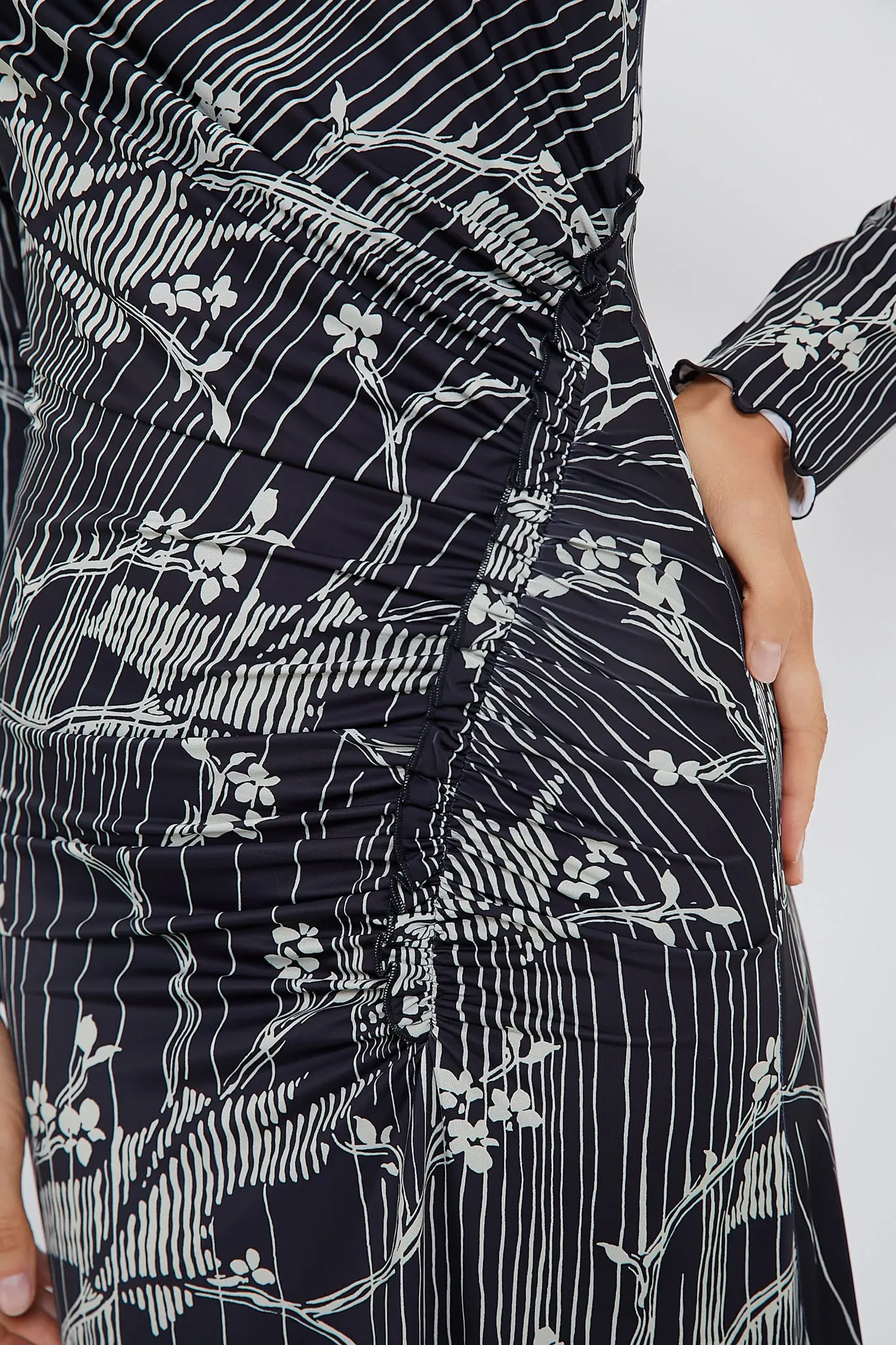 Black Sunniva Print Ruffle Detail Long Sleeve Dress