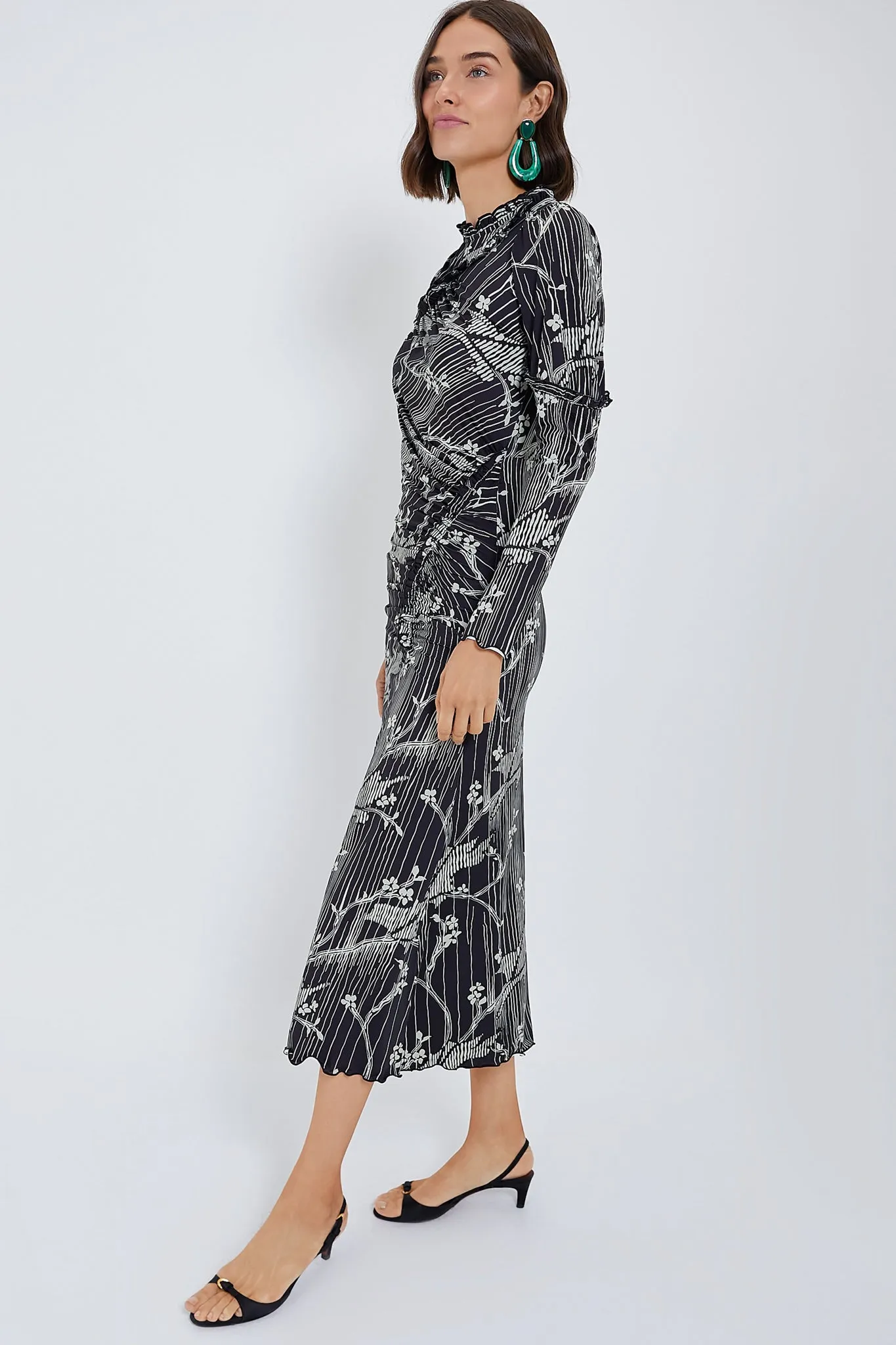 Black Sunniva Print Ruffle Detail Long Sleeve Dress