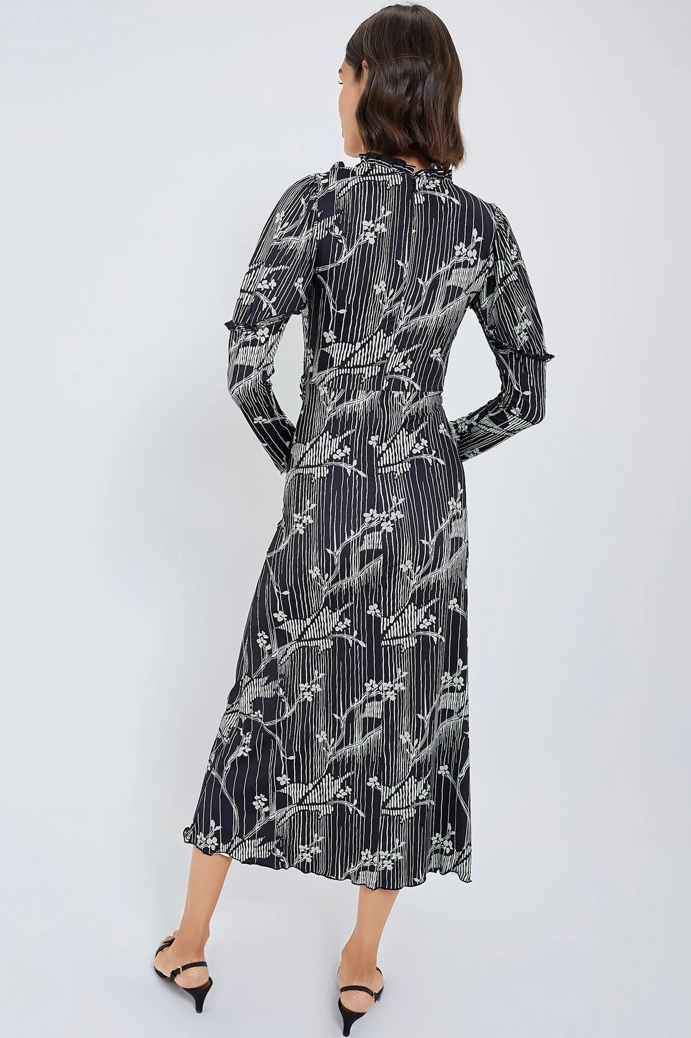 Black Sunniva Print Ruffle Detail Long Sleeve Dress