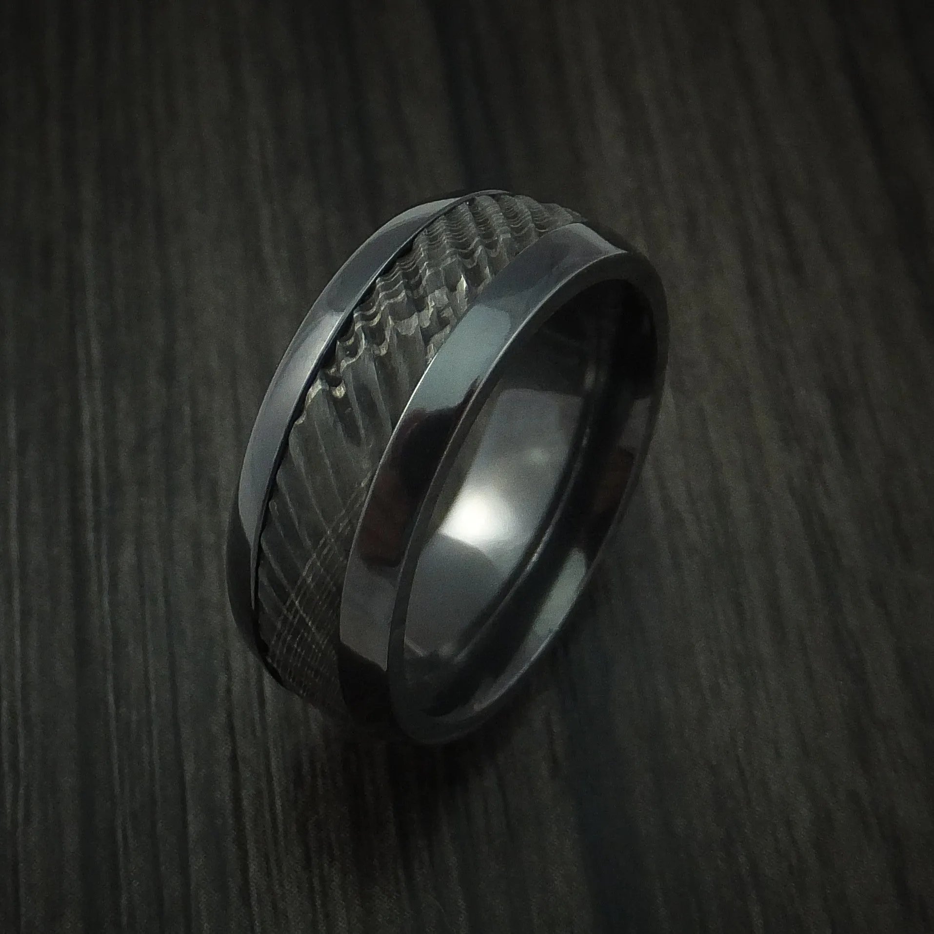 Black Titanium and Damascus Steel Men's Ring with Tree Bark Carved Band Custom Made