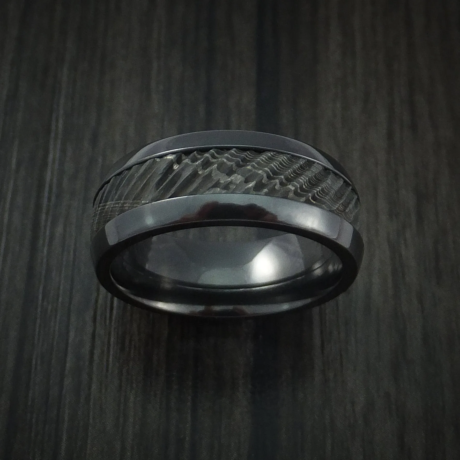 Black Titanium and Damascus Steel Men's Ring with Tree Bark Carved Band Custom Made