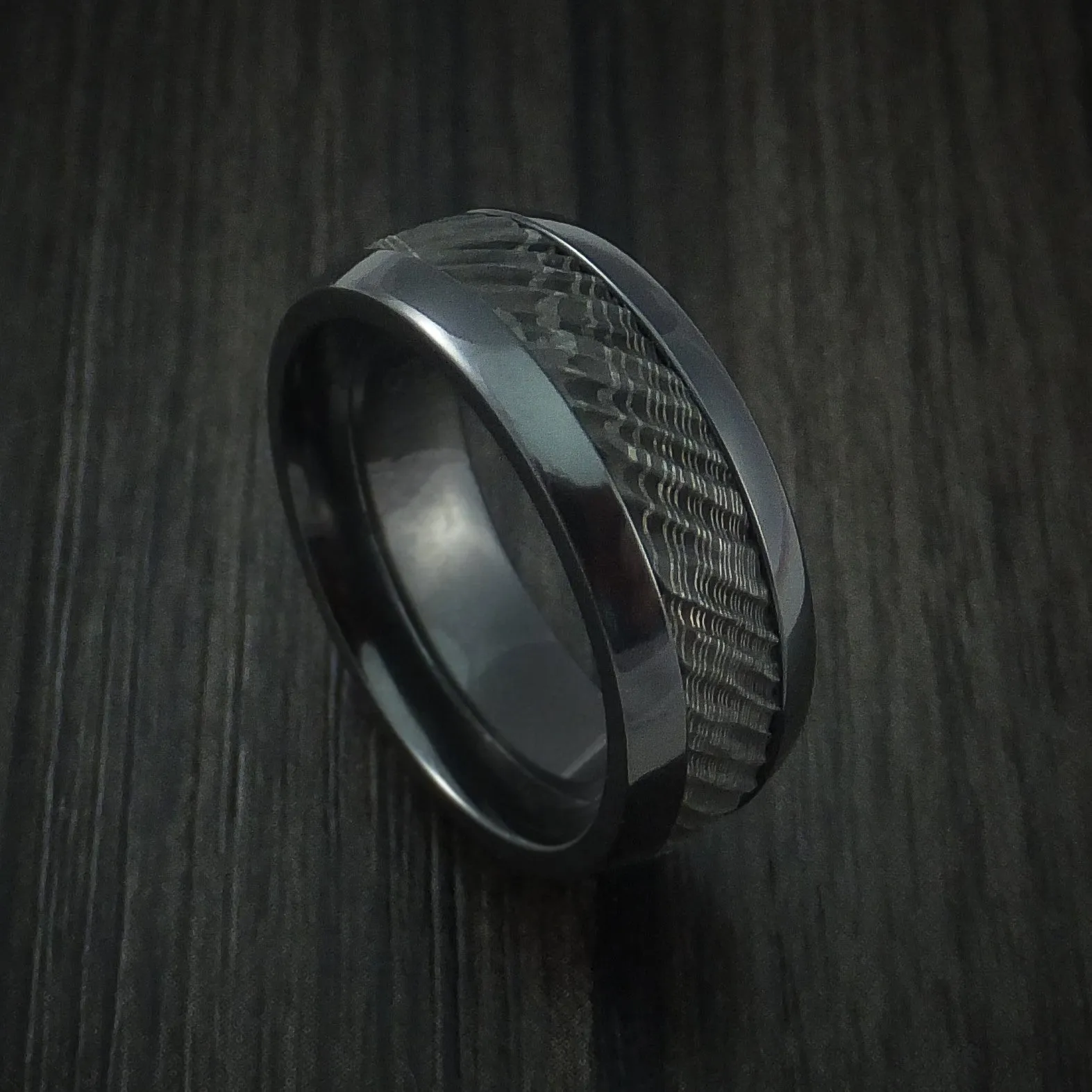 Black Titanium and Damascus Steel Men's Ring with Tree Bark Carved Band Custom Made