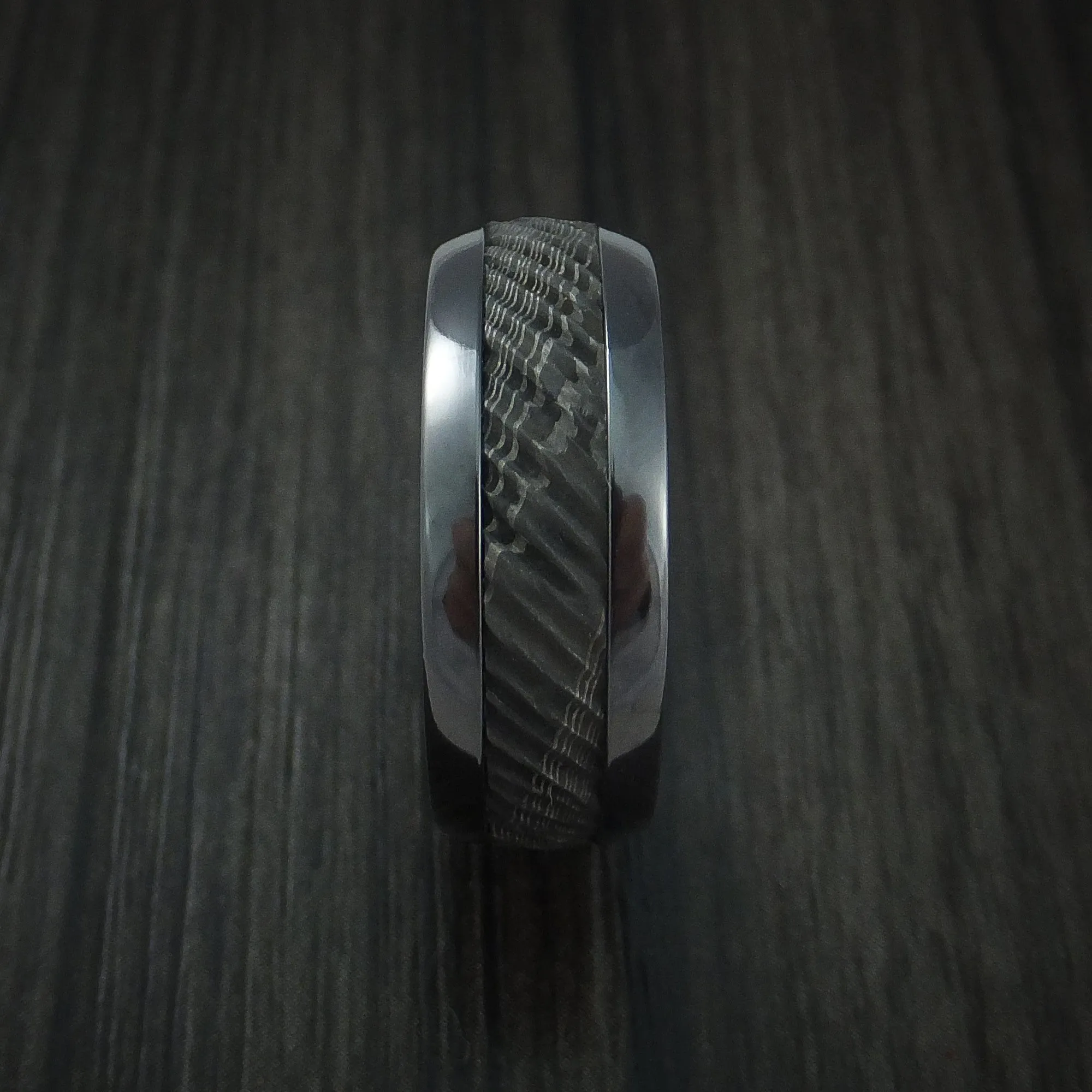 Black Titanium and Damascus Steel Men's Ring with Tree Bark Carved Band Custom Made