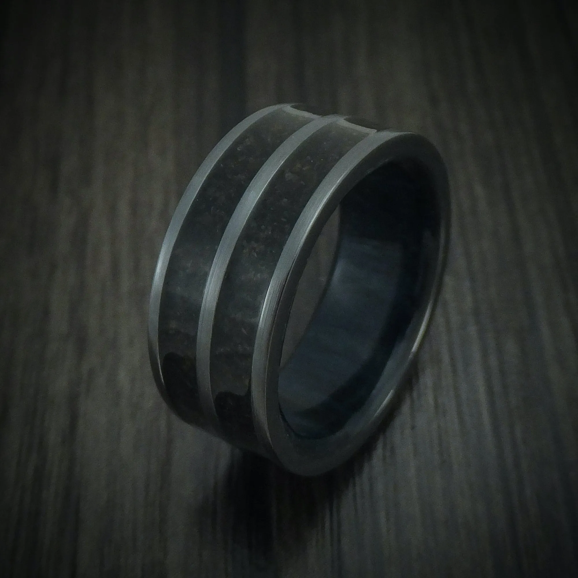 Black Titanium Dinosaur Bone Men's Ring with Hardwood Sleeve