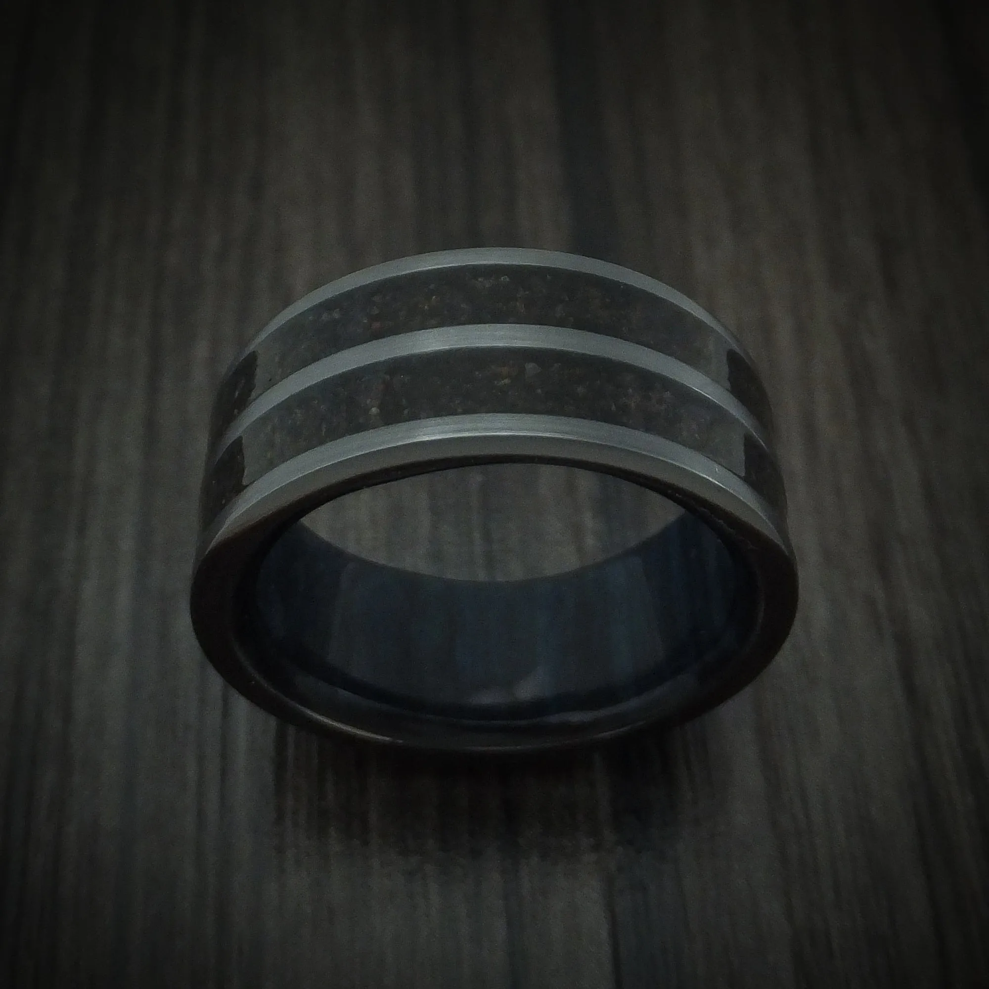 Black Titanium Dinosaur Bone Men's Ring with Hardwood Sleeve