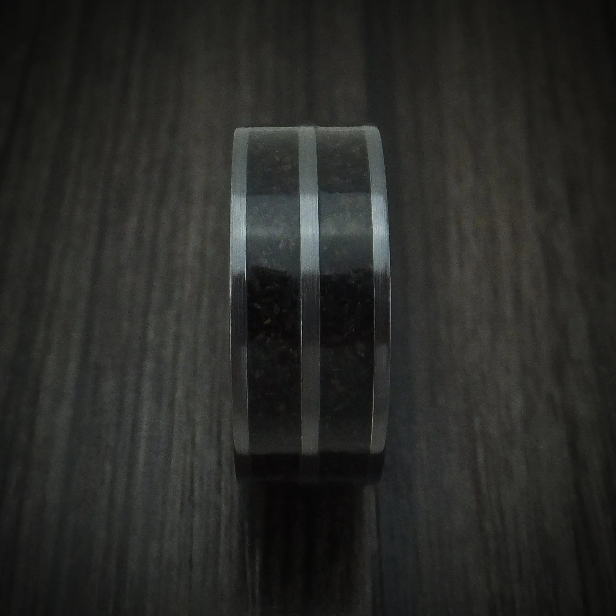 Black Titanium Dinosaur Bone Men's Ring with Hardwood Sleeve