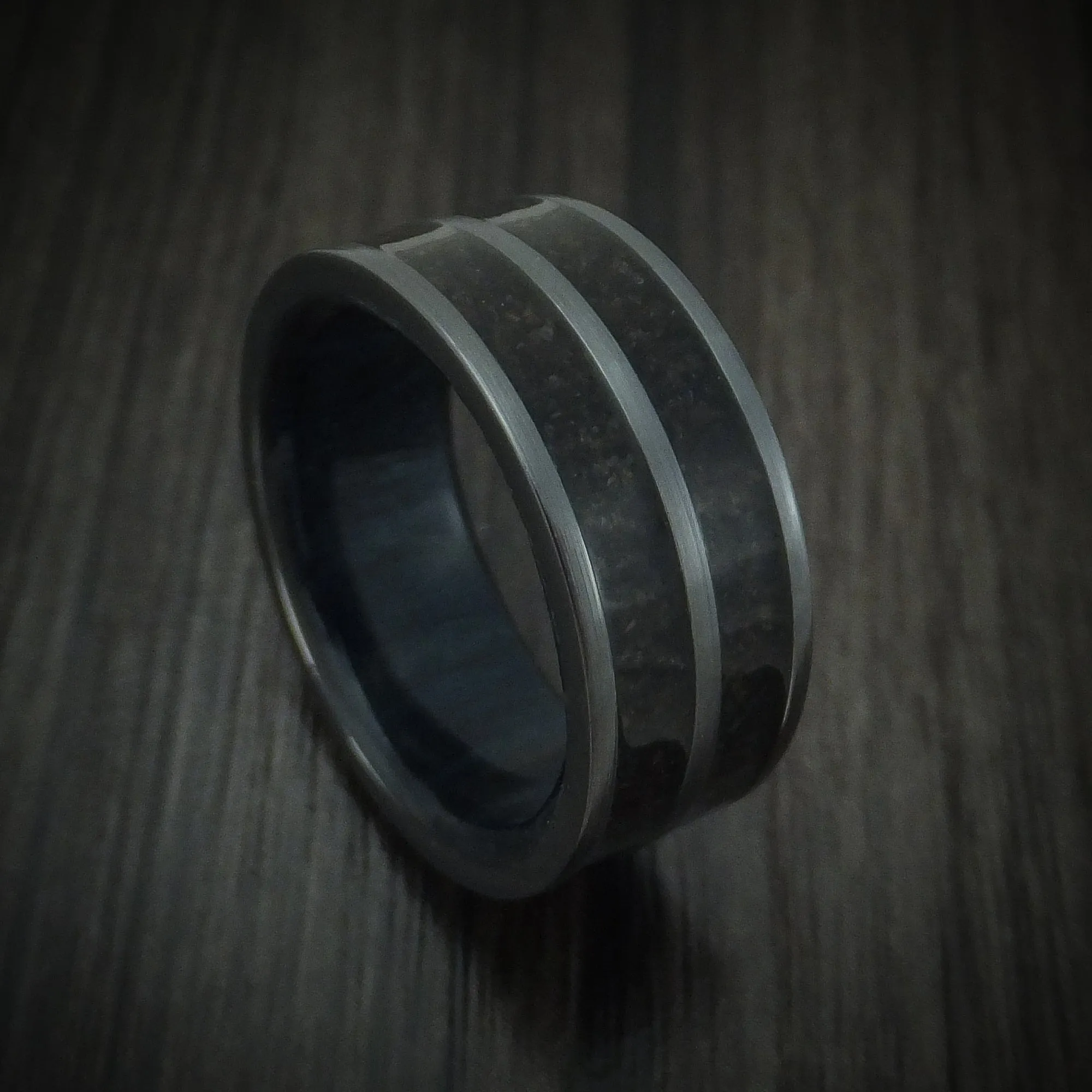 Black Titanium Dinosaur Bone Men's Ring with Hardwood Sleeve