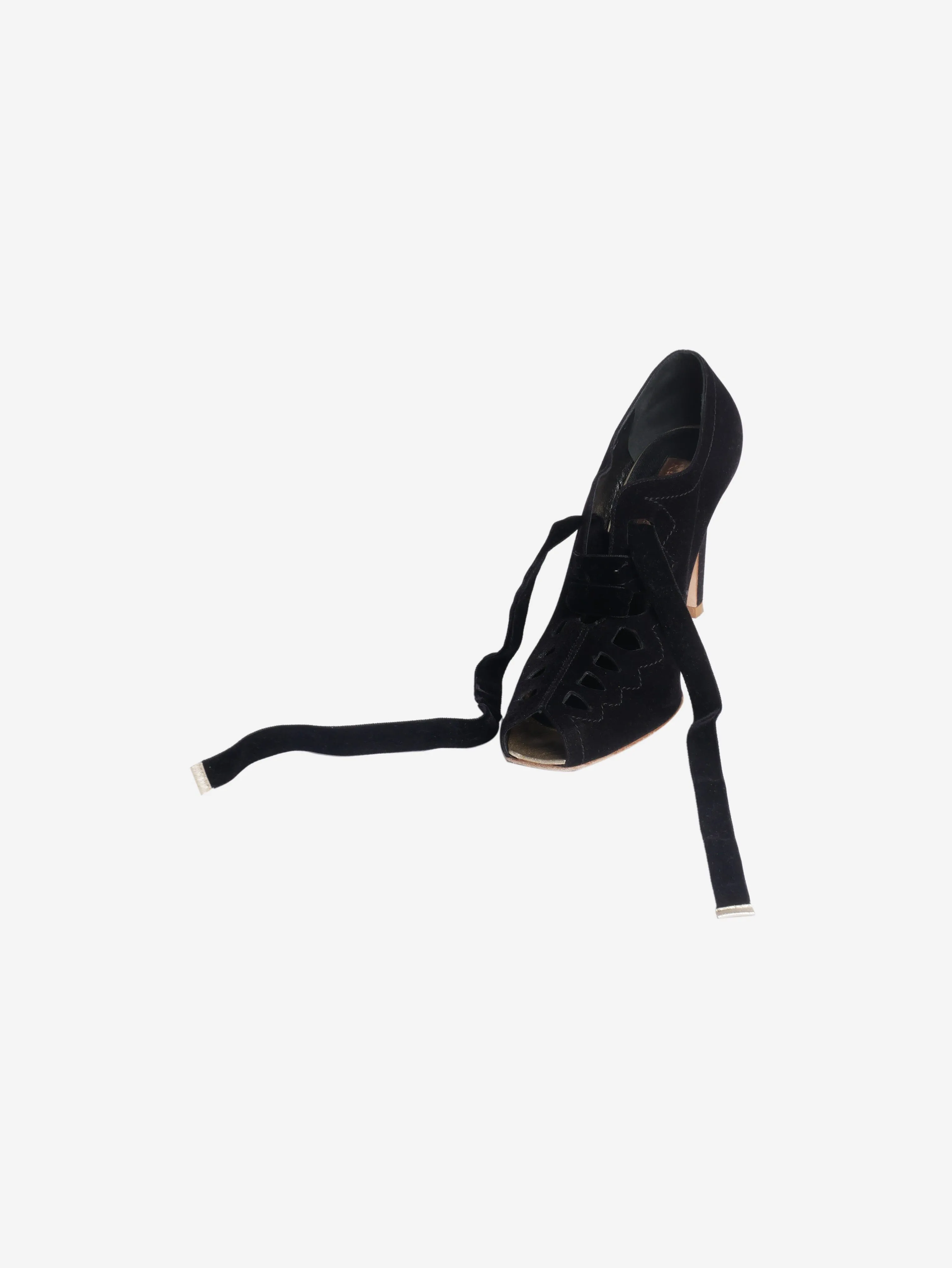 Black velvet lace up cutout heels - size EU 39
