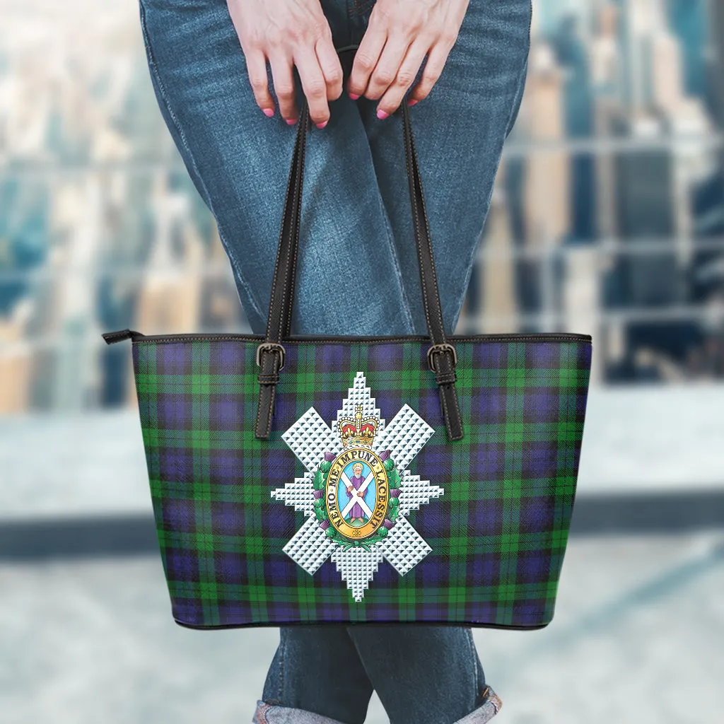 Black Watch Tartan Leather Tote Bag with Family Crest