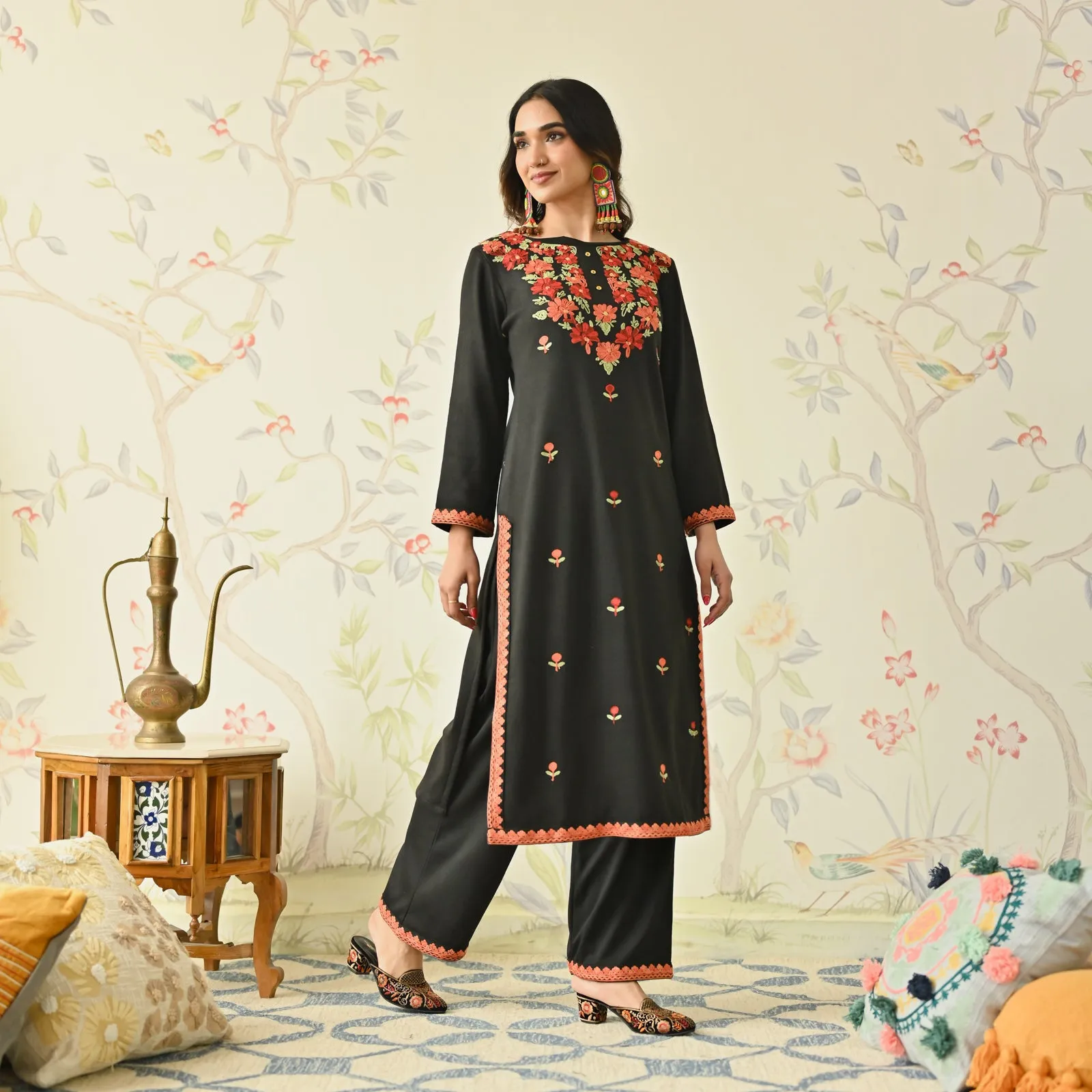 Black Woollen Aari Embroidered Floral Kurta Pant Set