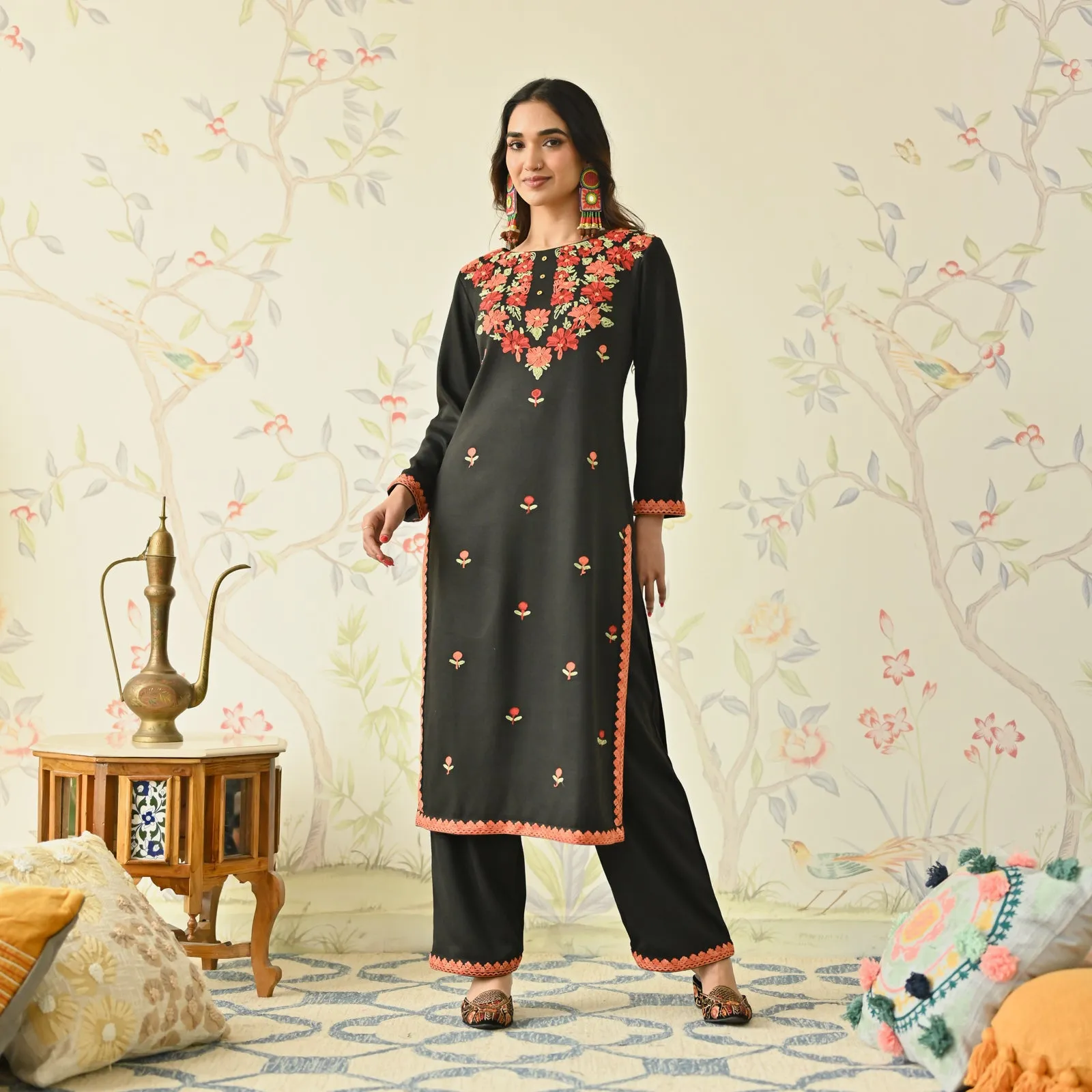 Black Woollen Aari Embroidered Floral Kurta Pant Set