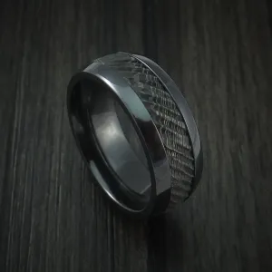 Black Zirconium and Damascus Steel Men's Ring with Tree Bark Carved Band Custom Made