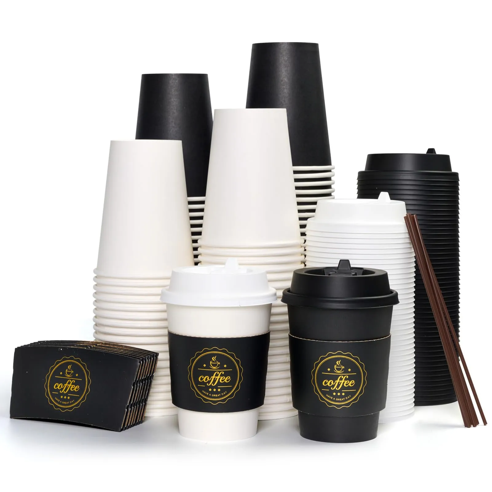 Black&White Coffee Cups With Lids&Sleeves&Stirrers(Set of 4)