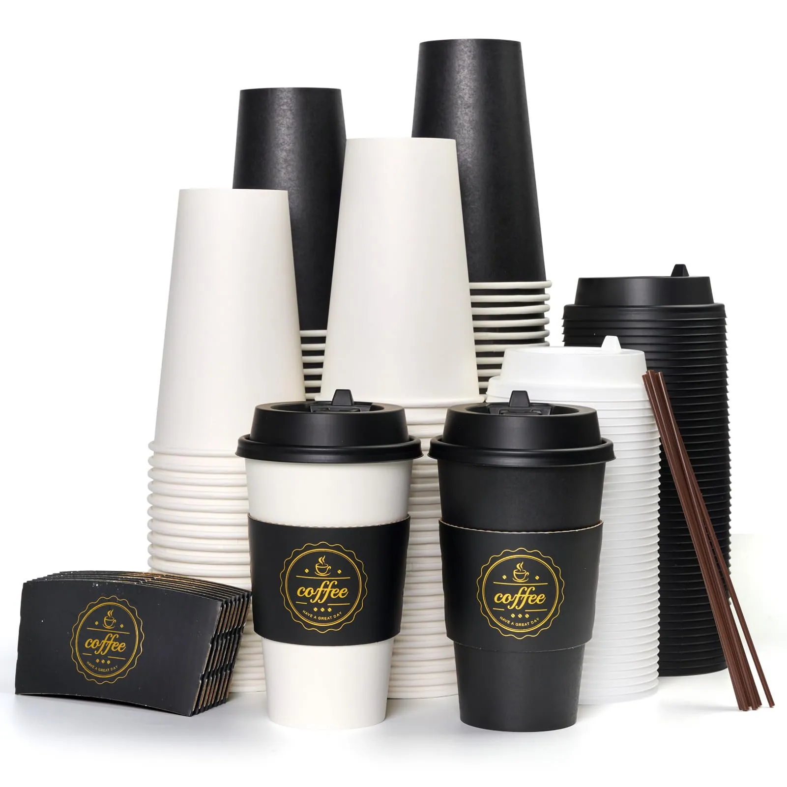 Black&White Coffee Cups With Lids&Sleeves&Stirrers(Set of 4)