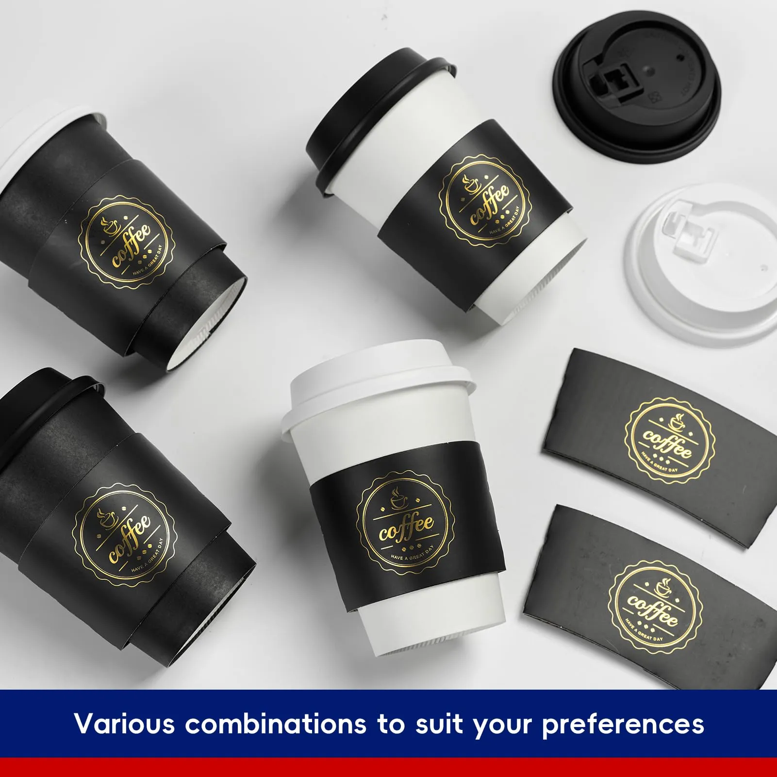 Black&White Coffee Cups With Lids&Sleeves&Stirrers(Set of 4)