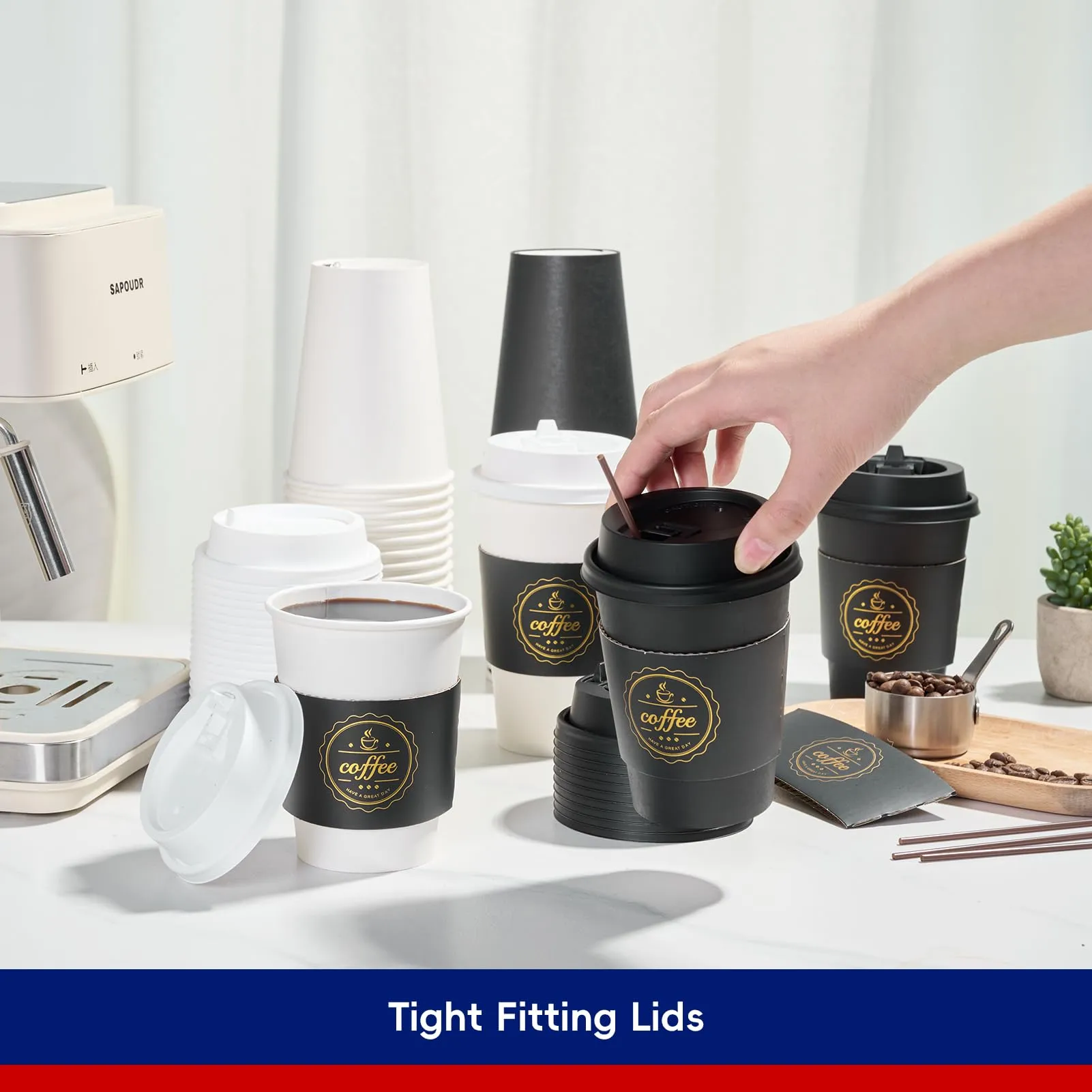 Black&White Coffee Cups With Lids&Sleeves&Stirrers(Set of 4)