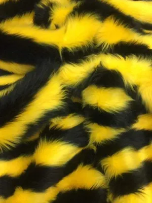 Black/Yellow Faux Fur 2 Tone Stripe Long Pile Fabric For Fur Coats, Fur Clothing, Blankets, Bed Spreads, Throw Blankets