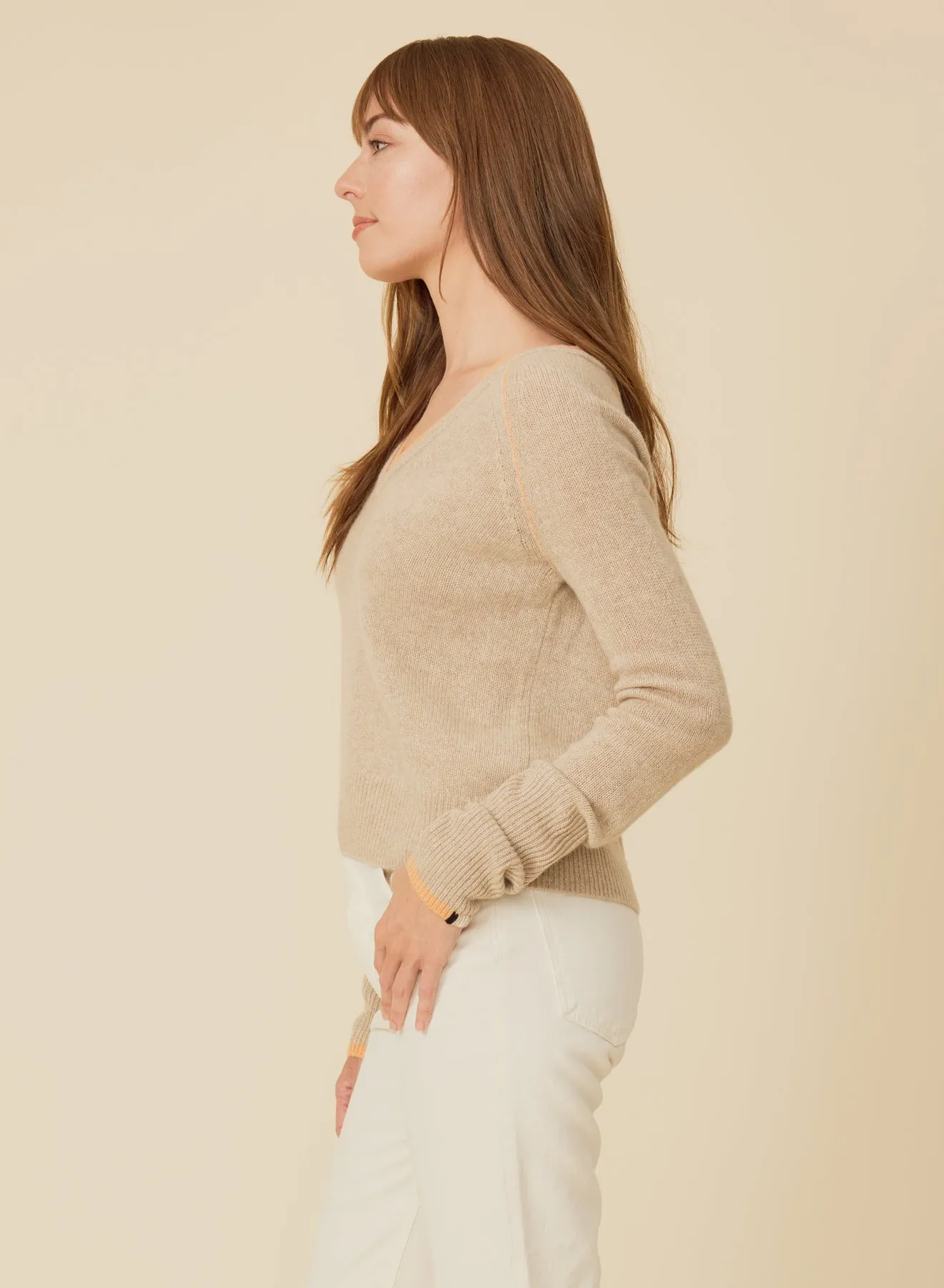 Blakely Cashmere Vneck - Oatmeal Combo