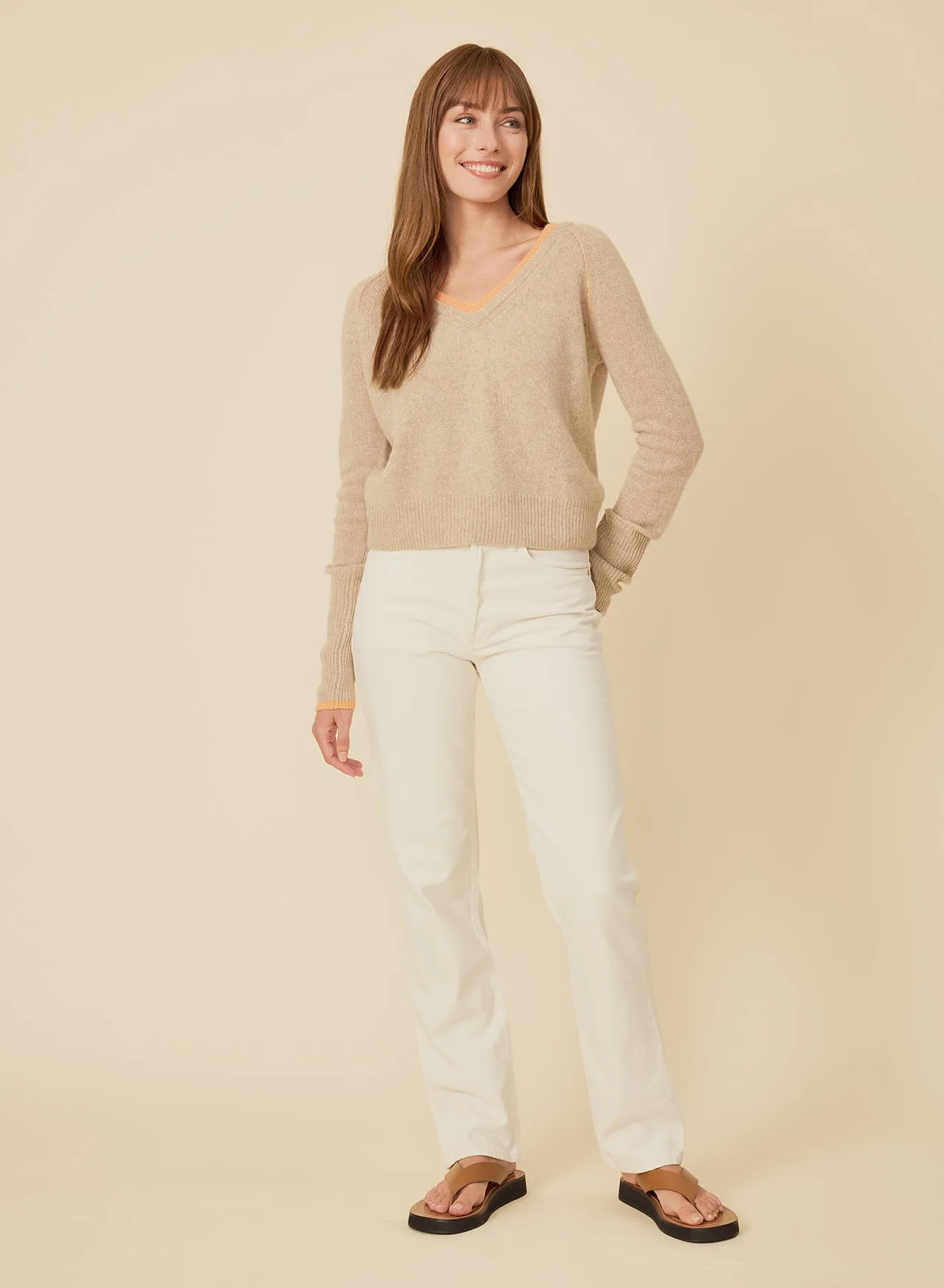 Blakely Cashmere Vneck - Oatmeal Combo