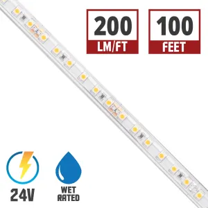 BLAZE Wet Location LED Strip Light, 100ft Reel, 3000K, 226 Lumens per Ft, 24V