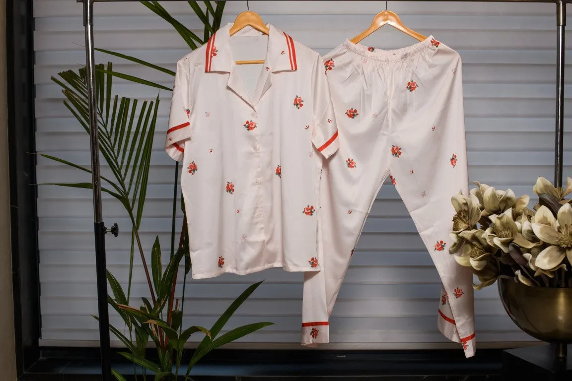 Blossom Baby Pink Lounge Wear with Vibrant Red Flower Print