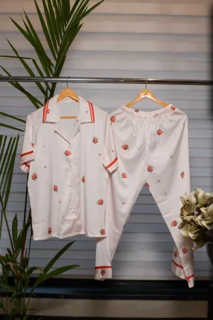 Blossom Baby Pink Lounge Wear with Vibrant Red Flower Print