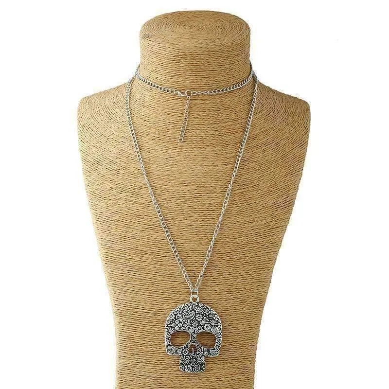 Blossoming Skull Floral Etched Necklace