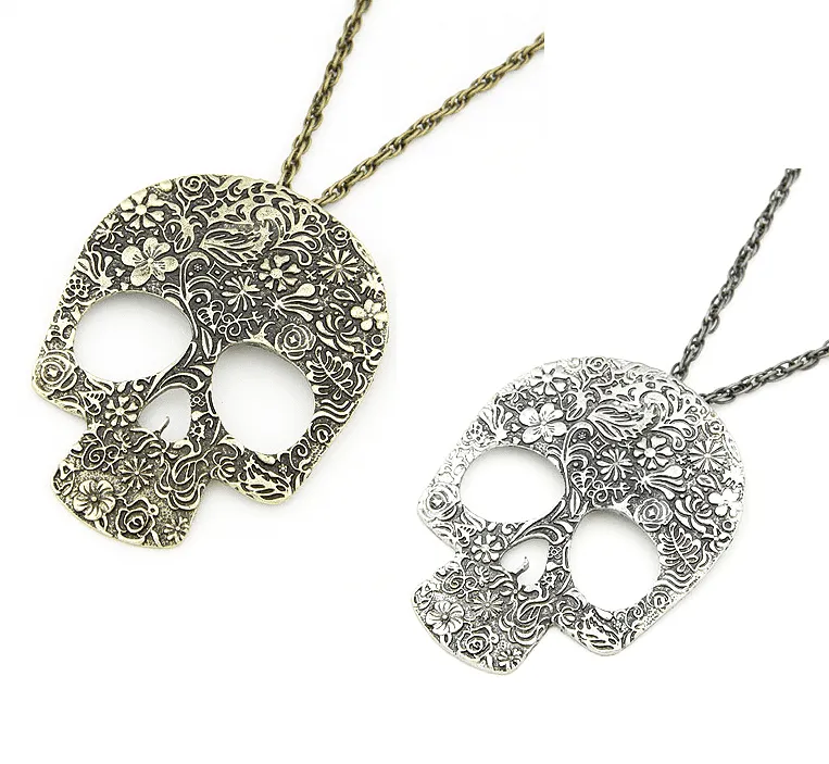 Blossoming Skull Floral Etched Necklace