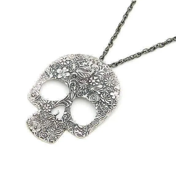 Blossoming Skull Floral Etched Necklace