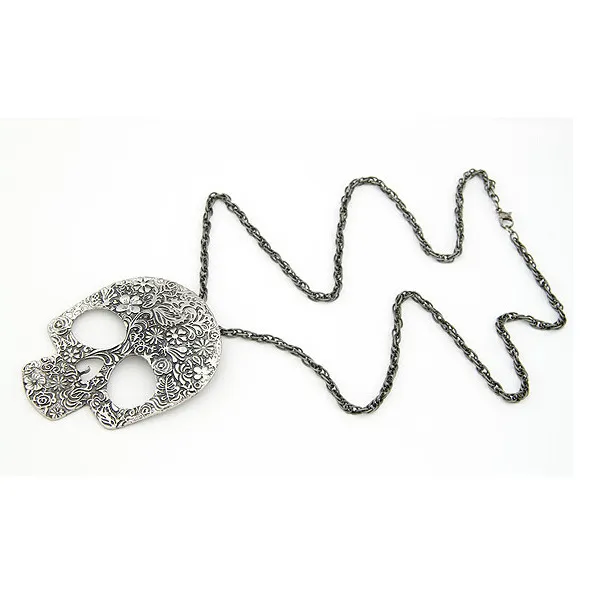Blossoming Skull Floral Etched Necklace
