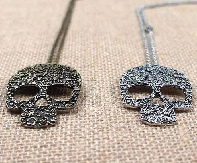 Blossoming Skull Floral Etched Necklace