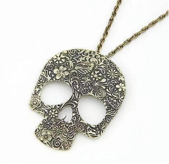 Blossoming Skull Floral Etched Necklace