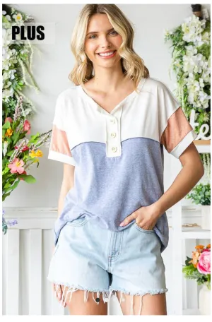 Blouse - Exposed Stitch, Color Block, Button Front Detail, Vintage Denim, Plus Size